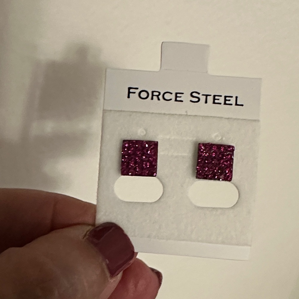 NEW Force Steel Fuchsia Crystals Glitter Stud Earrings